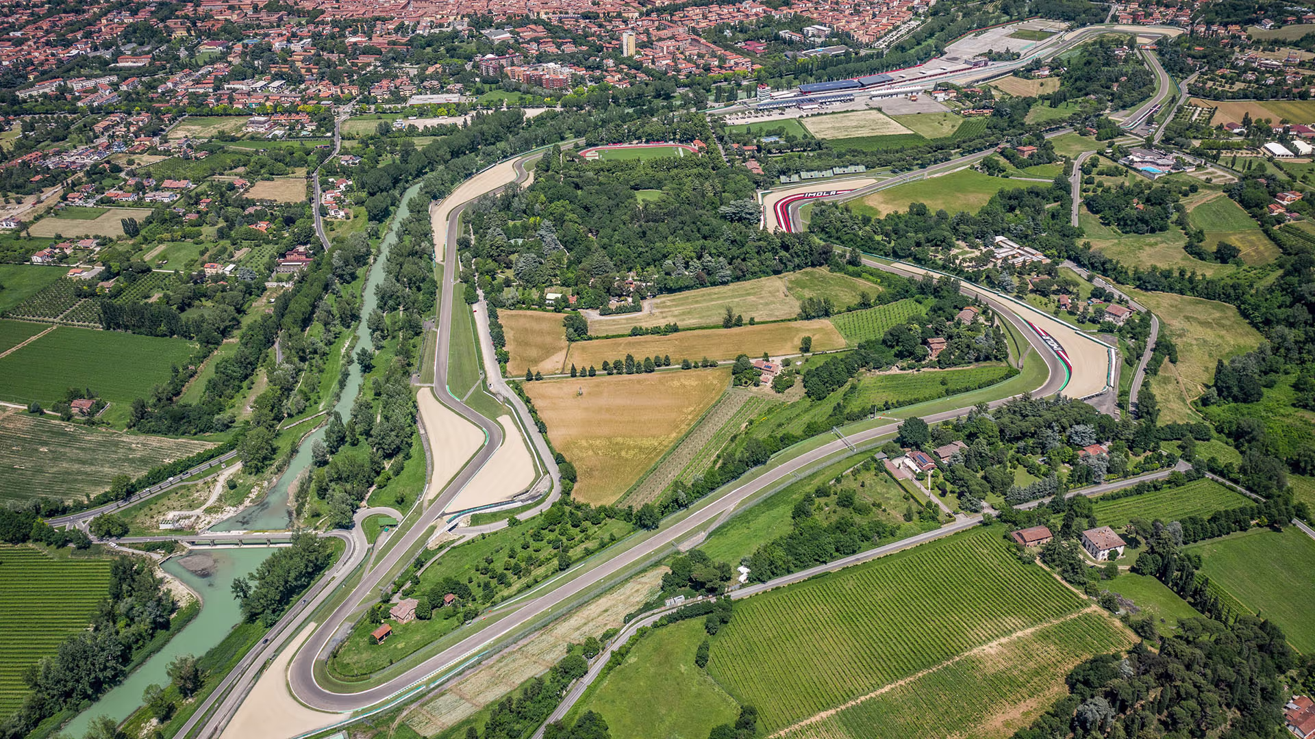 Arial photo of the Autodromo Internazionale Enzo e Dino Ferrari which the Emilia Romagna Grand Prix is held at
